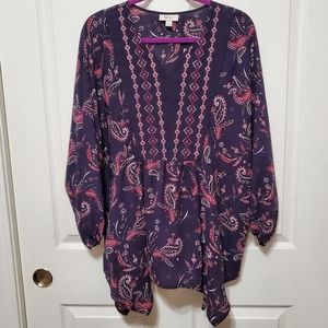 Style & Co. Embroidered Paisley Blouse Purple & Pink Shark Bite Hem Size 1X